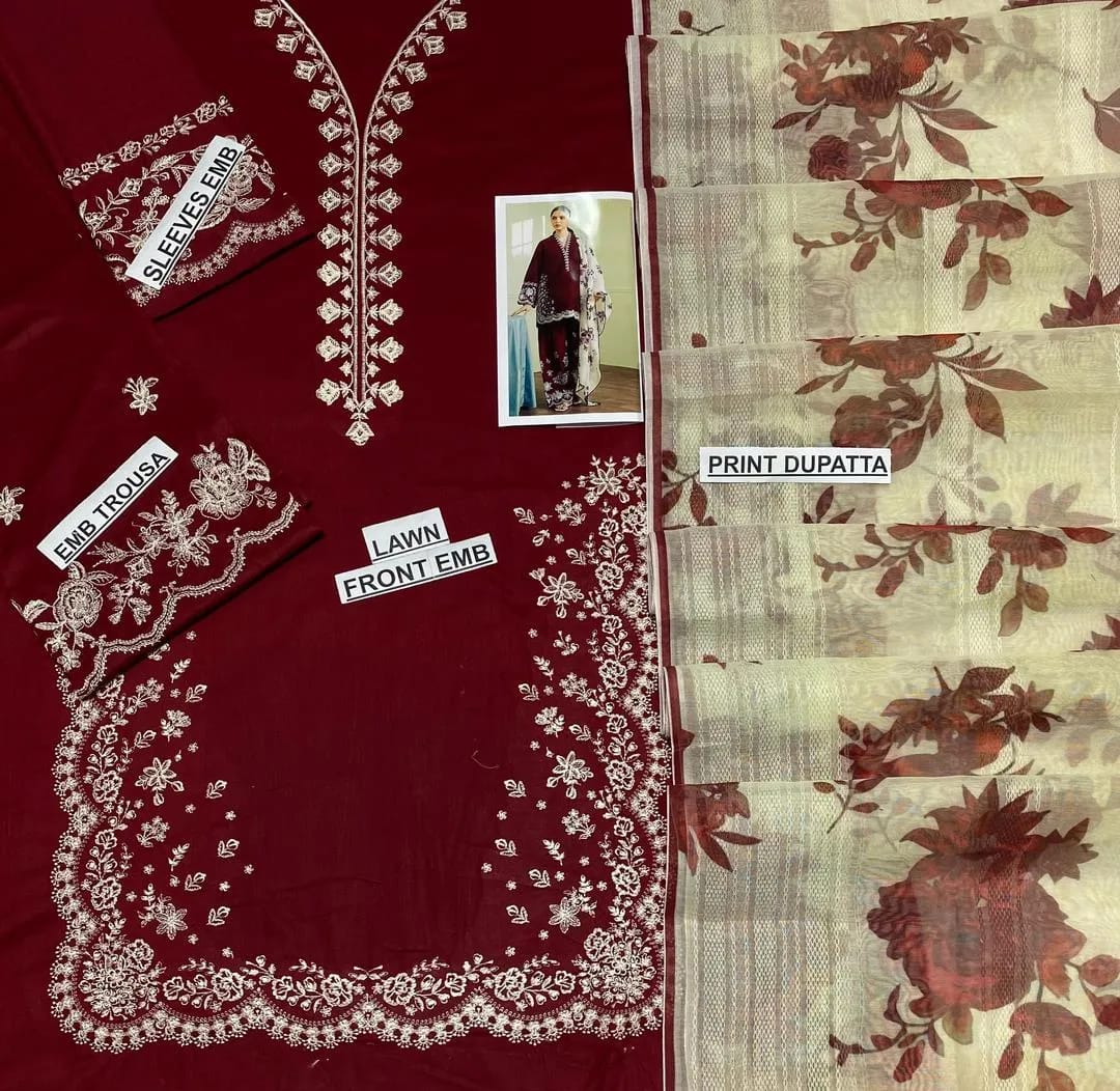 Embroidered Lawn 3 Pcs Women Suit